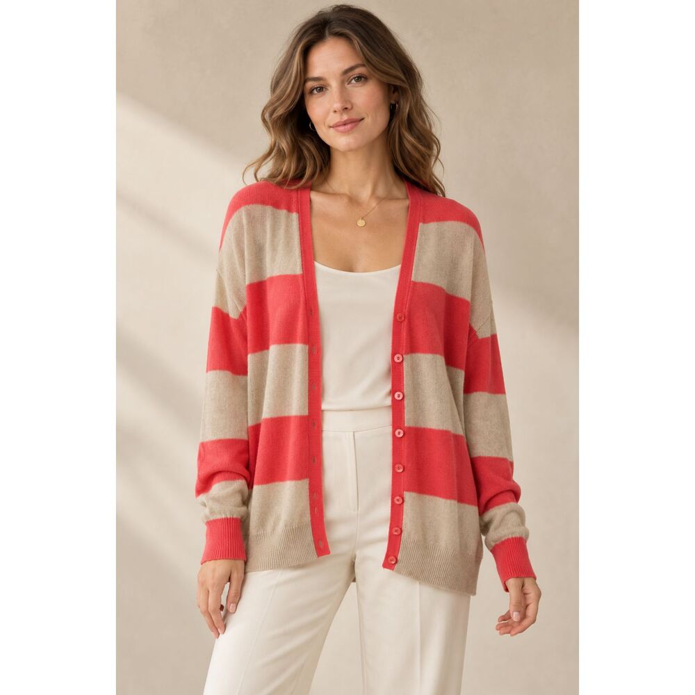 Autumn 100% Cashmere Coral Beige Womens S Striped Button Cardigan